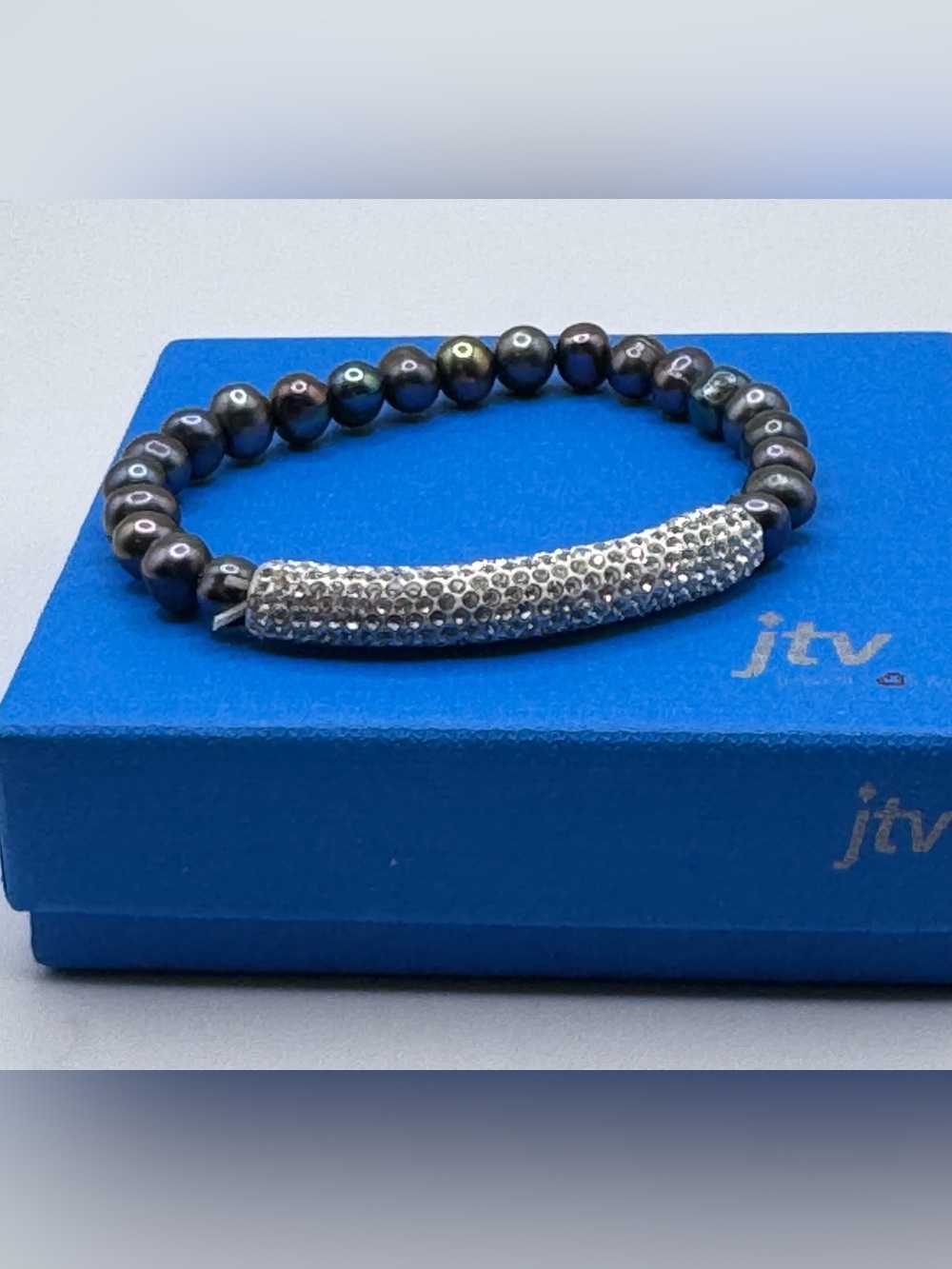JTV Black Cultured Freshwater Pearl White Crystal Stretch Bracelet 7.5”